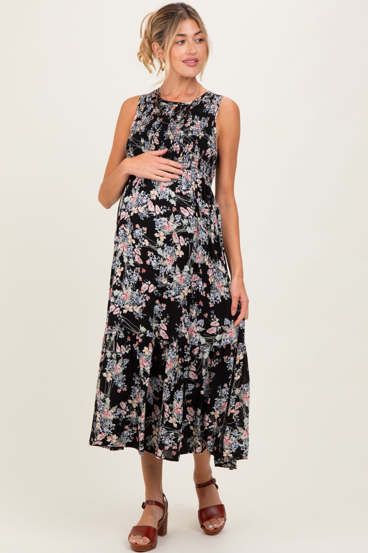 Black Floral Print Smocked Top Sleeveless Tiered Maternity Maxi Dress
