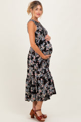 Black Floral Print Smocked Top Sleeveless Tiered Maternity Maxi Dress