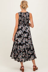 Black Floral Print Smocked Top Sleeveless Tiered Maternity Maxi Dress