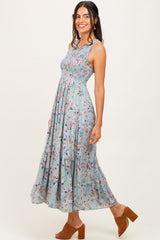 Sage Floral Print Smocked Top Sleeveless Tiered Maxi Dress