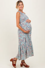 Sage Floral Print Smocked Top Sleeveless Tiered Maternity Maxi Dress