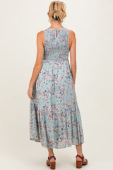 Sage Floral Print Smocked Top Sleeveless Tiered Maternity Maxi Dress