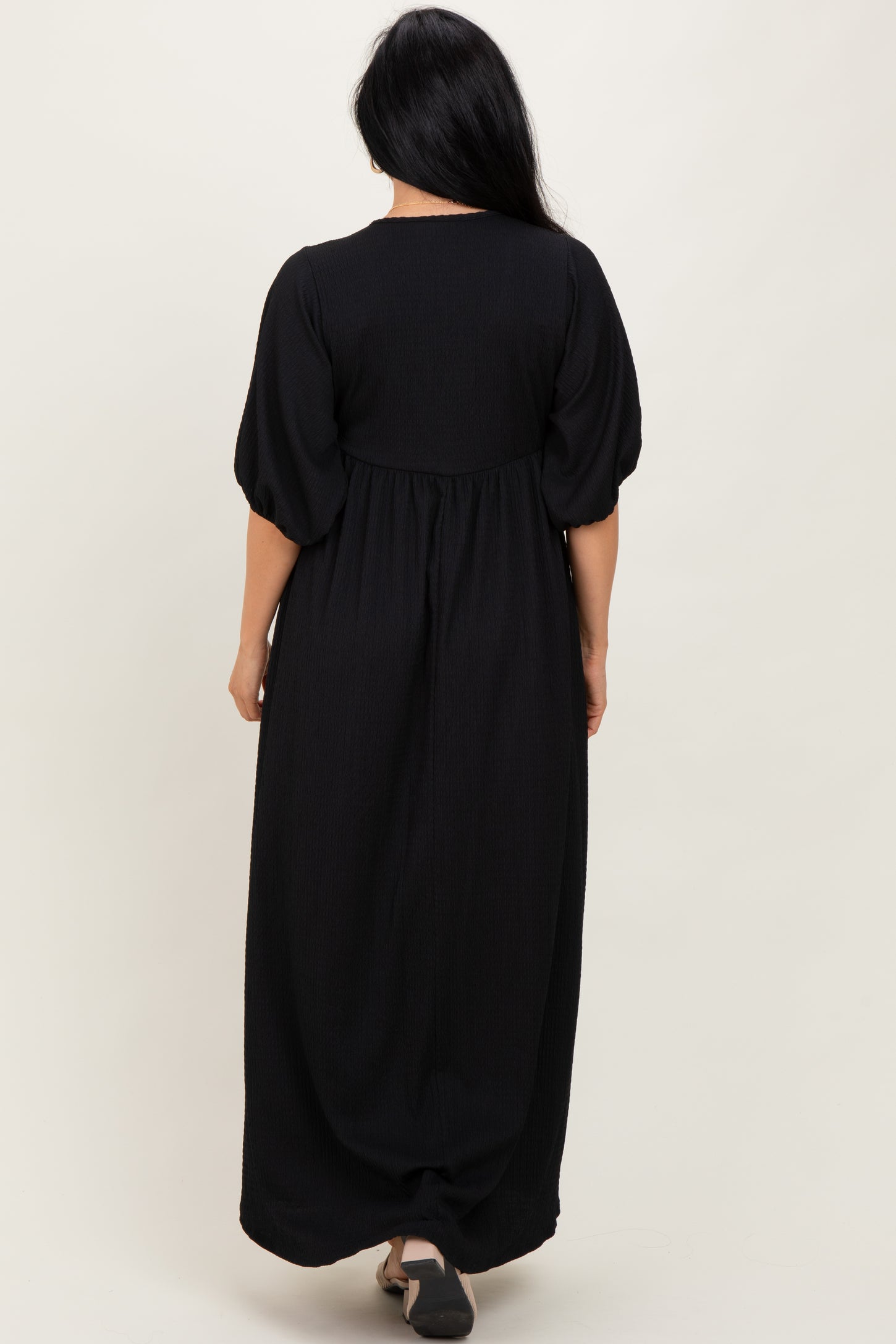 Black Solid Woven 3/4 Sleeve V-Neck Button Down Maxi Dress