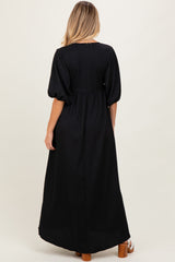 Black Solid Woven 3/4 Sleeve V-Neck Button Down Maternity Maxi Dress