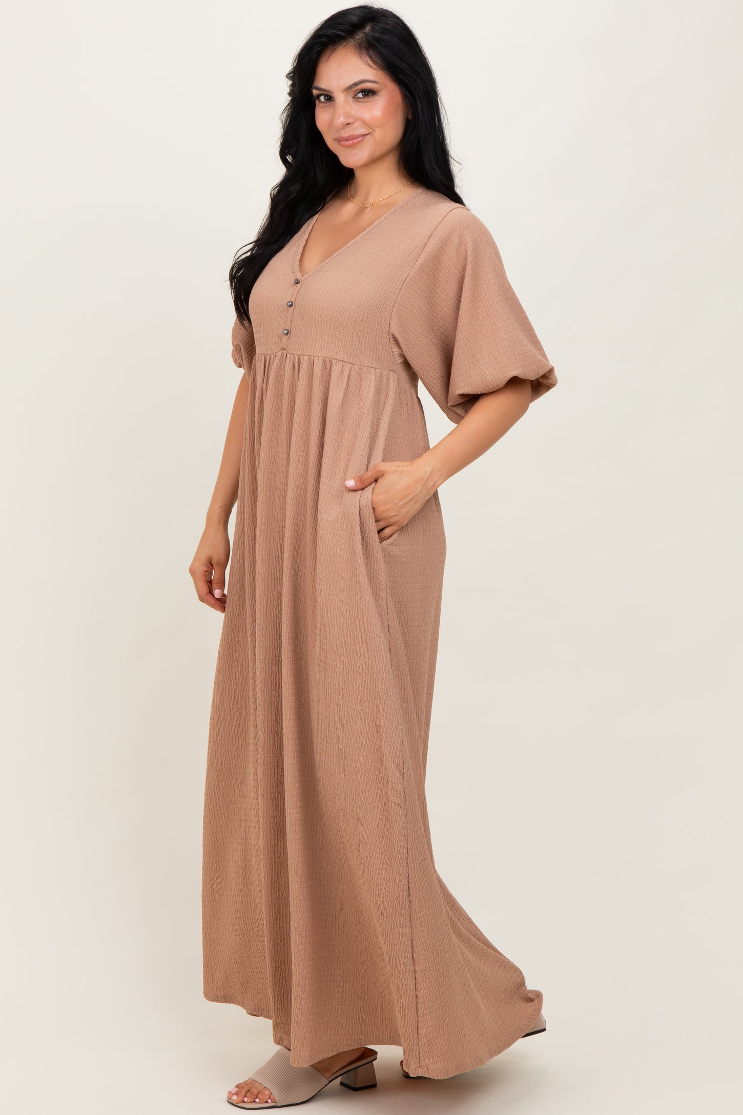 Beige Solid Woven 3/4 Sleeve V-Neck Button Down Maxi Dress