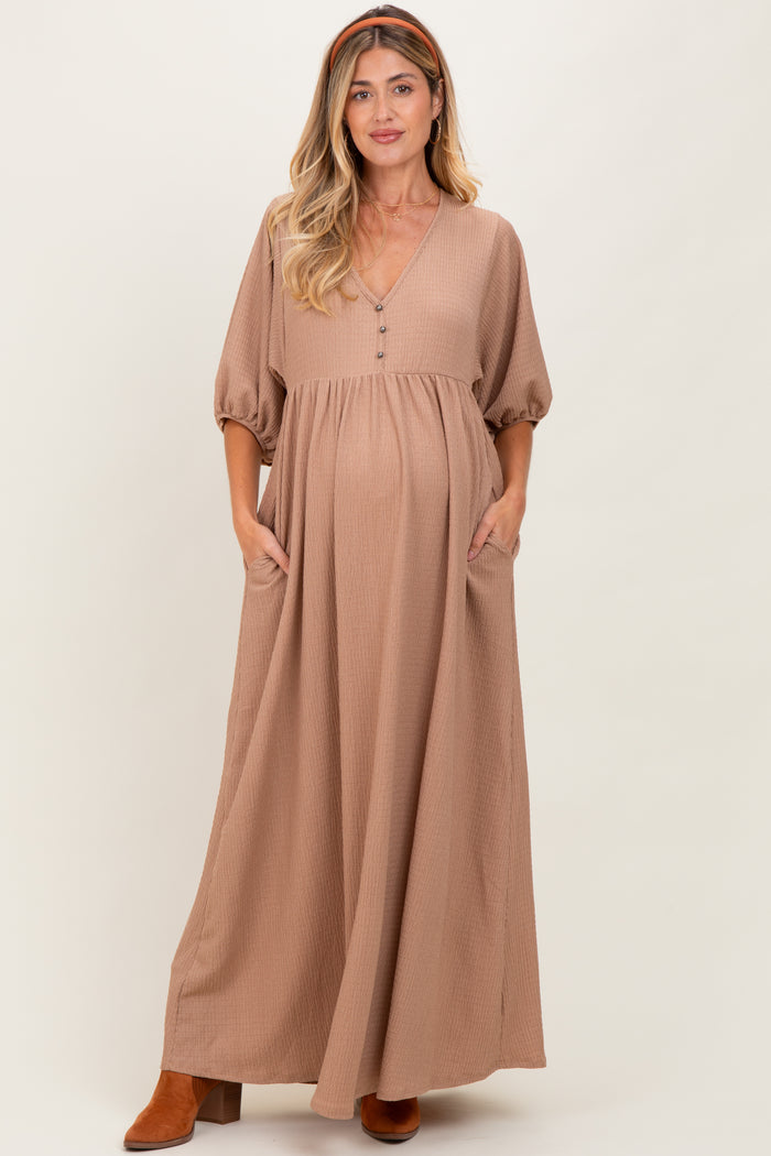 Beige Solid Woven 3/4 Sleeve V-Neck Button Down Maternity Maxi Dress