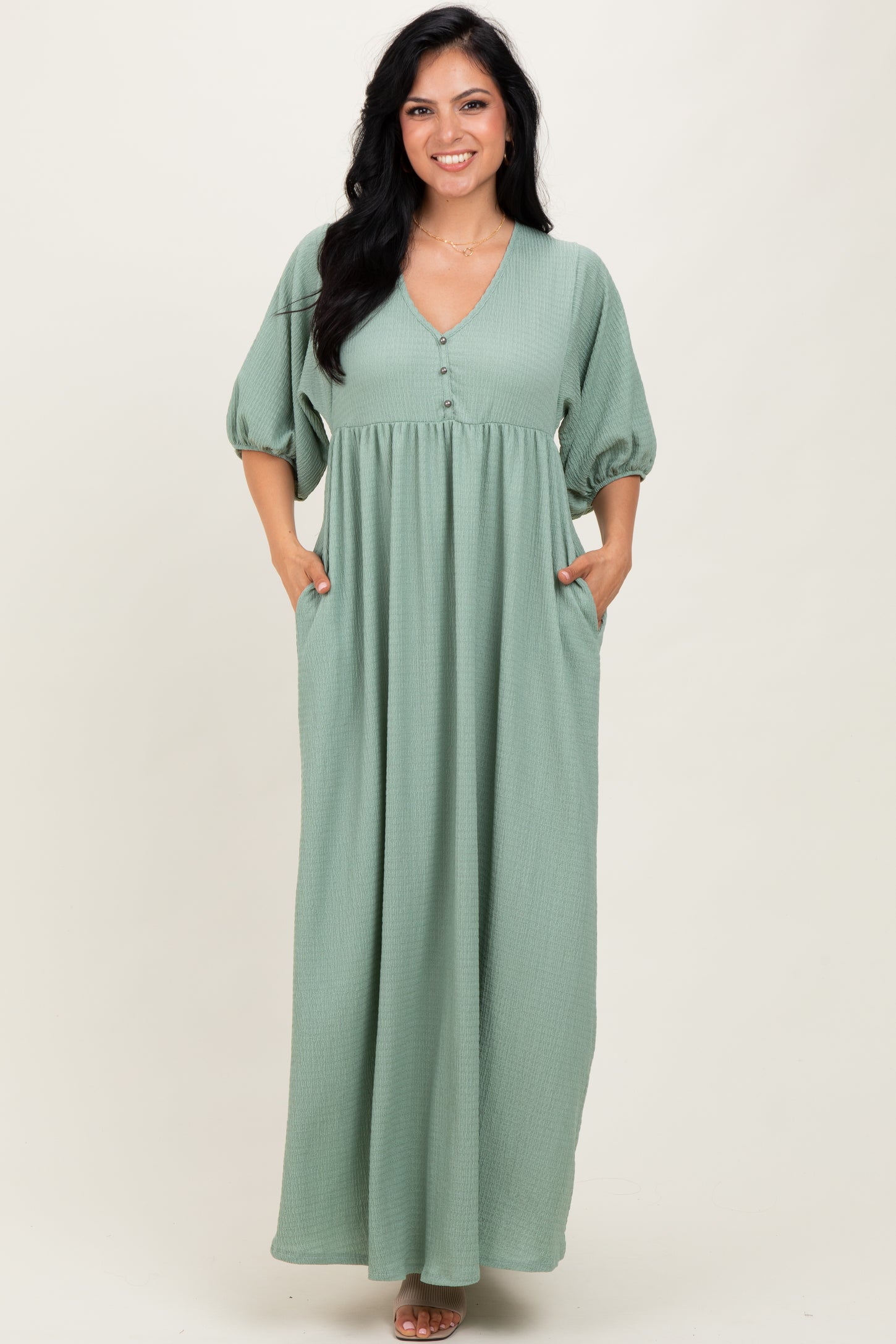 Sage Solid Woven 3/4 Sleeve V-Neck Button Down Maxi Dress