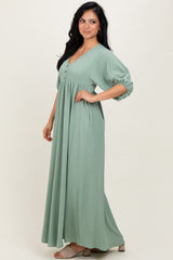 Sage Solid Woven 3/4 Sleeve V-Neck Button Down Maxi Dress