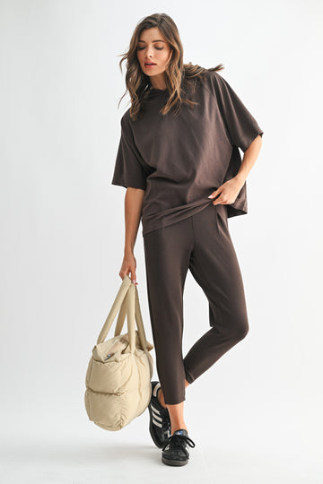 Brown Hooded Short Sleeve Top