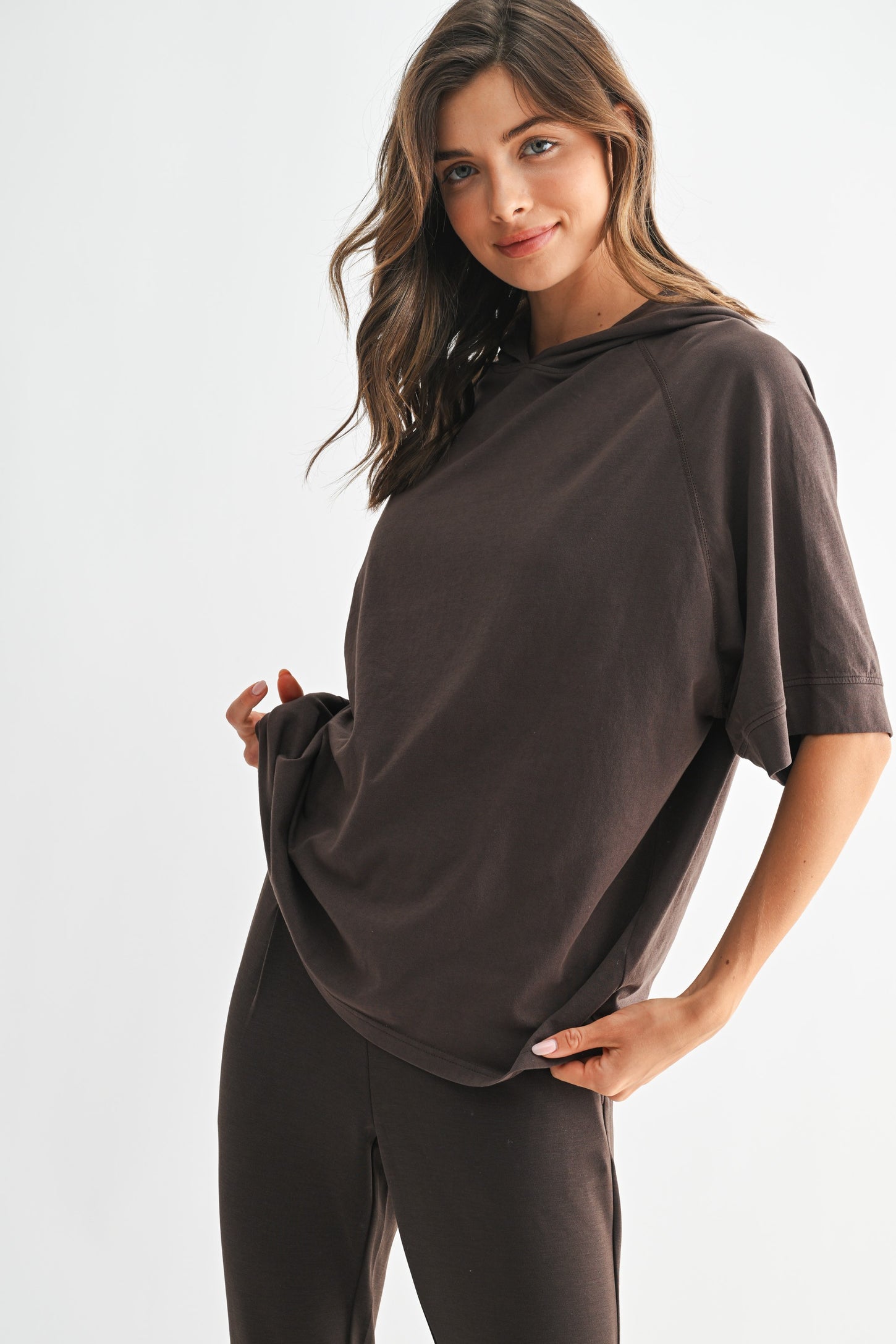 Brown Hooded Short Sleeve Maternity Top
