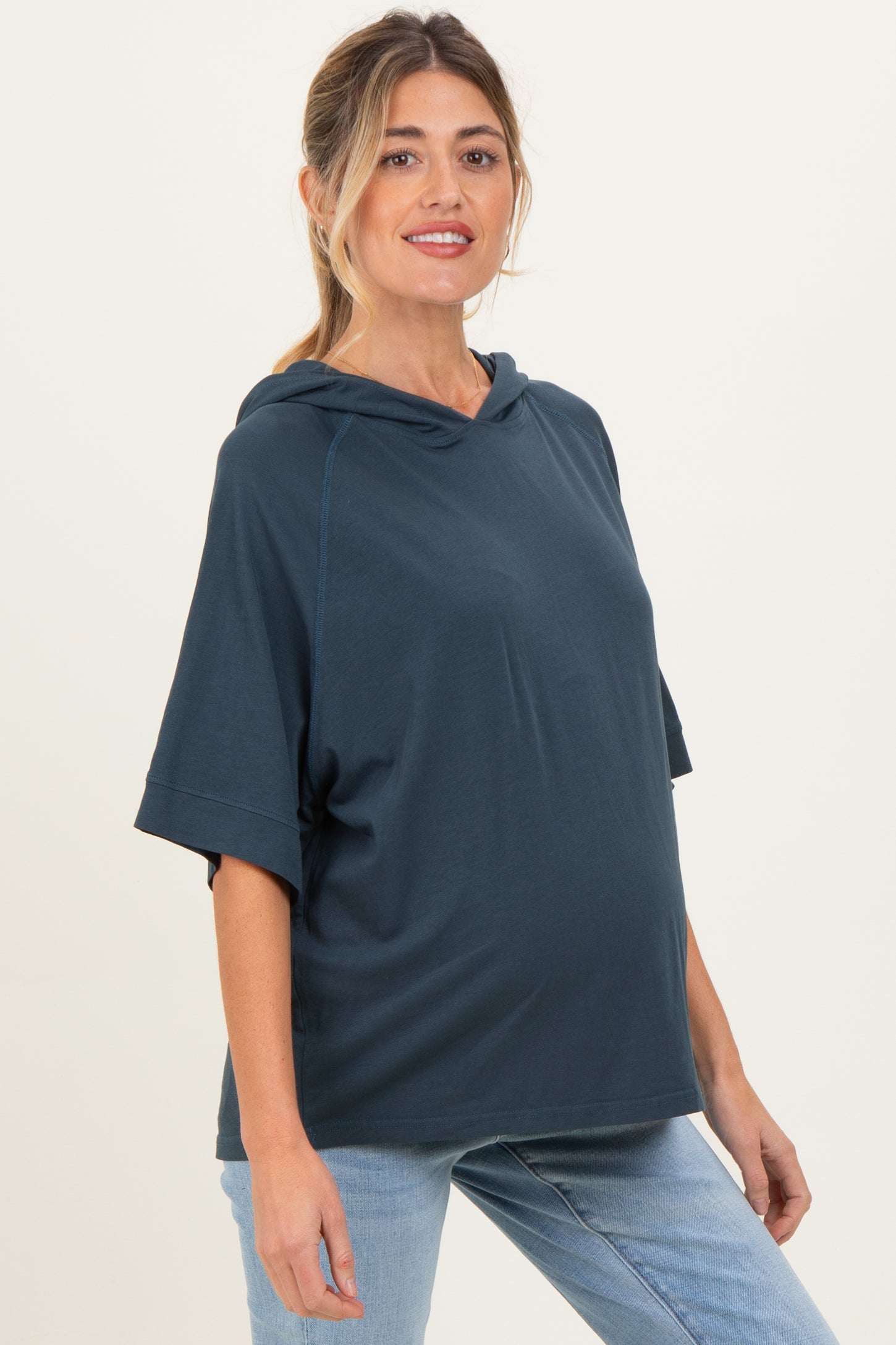 Navy Hooded Short Sleeve Maternity Top