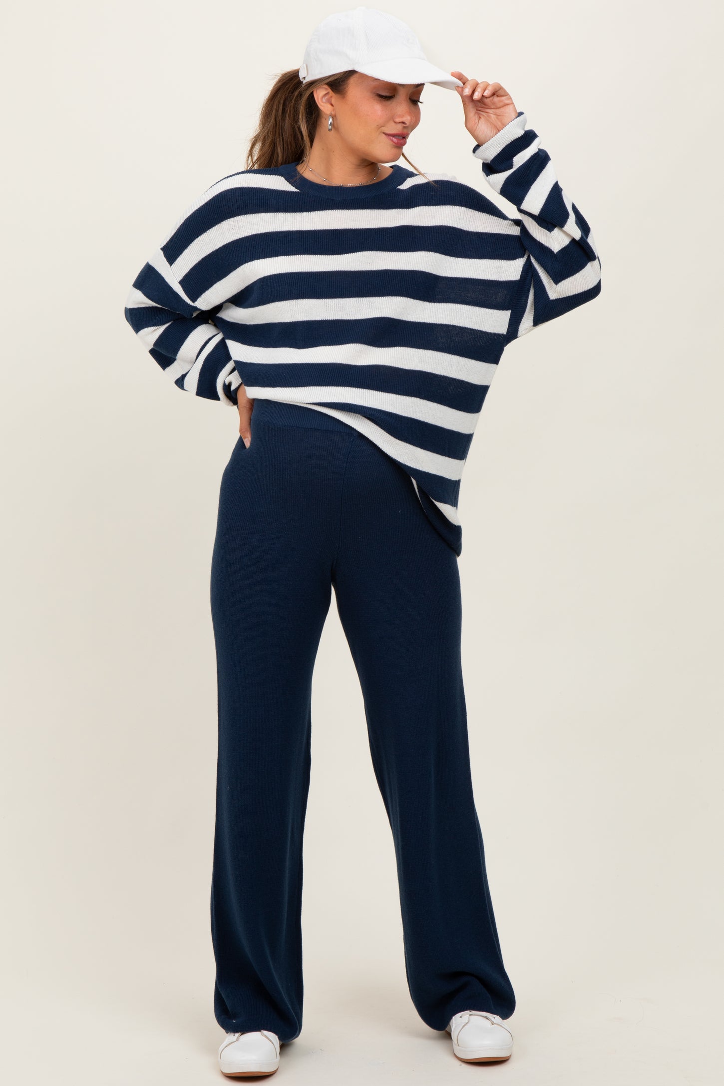 Navy Striped Long Sleeve Sweater Knit Pants Maternity Set