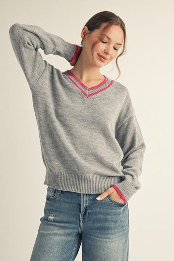 Heather Grey Contrast Detail V-Neck Sweater