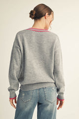 Heather Grey Contrast Detail V-Neck Sweater