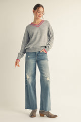 Heather Grey Contrast Detail V-Neck Sweater