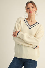 Cream Contrast Detail V-Neck Sweater