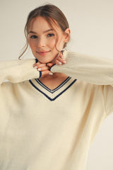 Cream Contrast Detail V-Neck Sweater