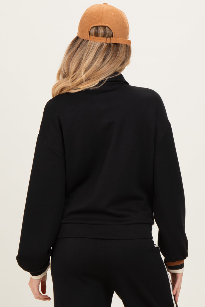 Black Contrast Trim Half Zip Maternity Sweatshirt