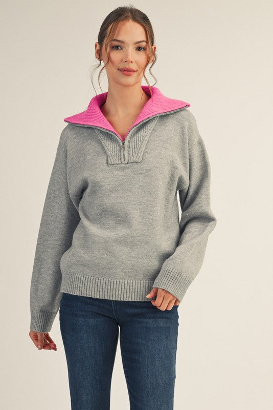 Heather Grey Contrast Collar Half Zip Sweater