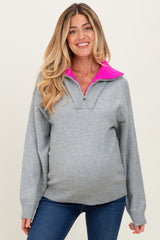 Heather Grey Contrast Collar Half Zip Maternity Sweater