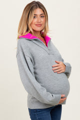 Heather Grey Contrast Collar Half Zip Maternity Sweater