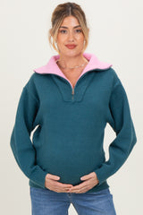 Dark Teal Contrast Collar Half Zip Maternity Sweater