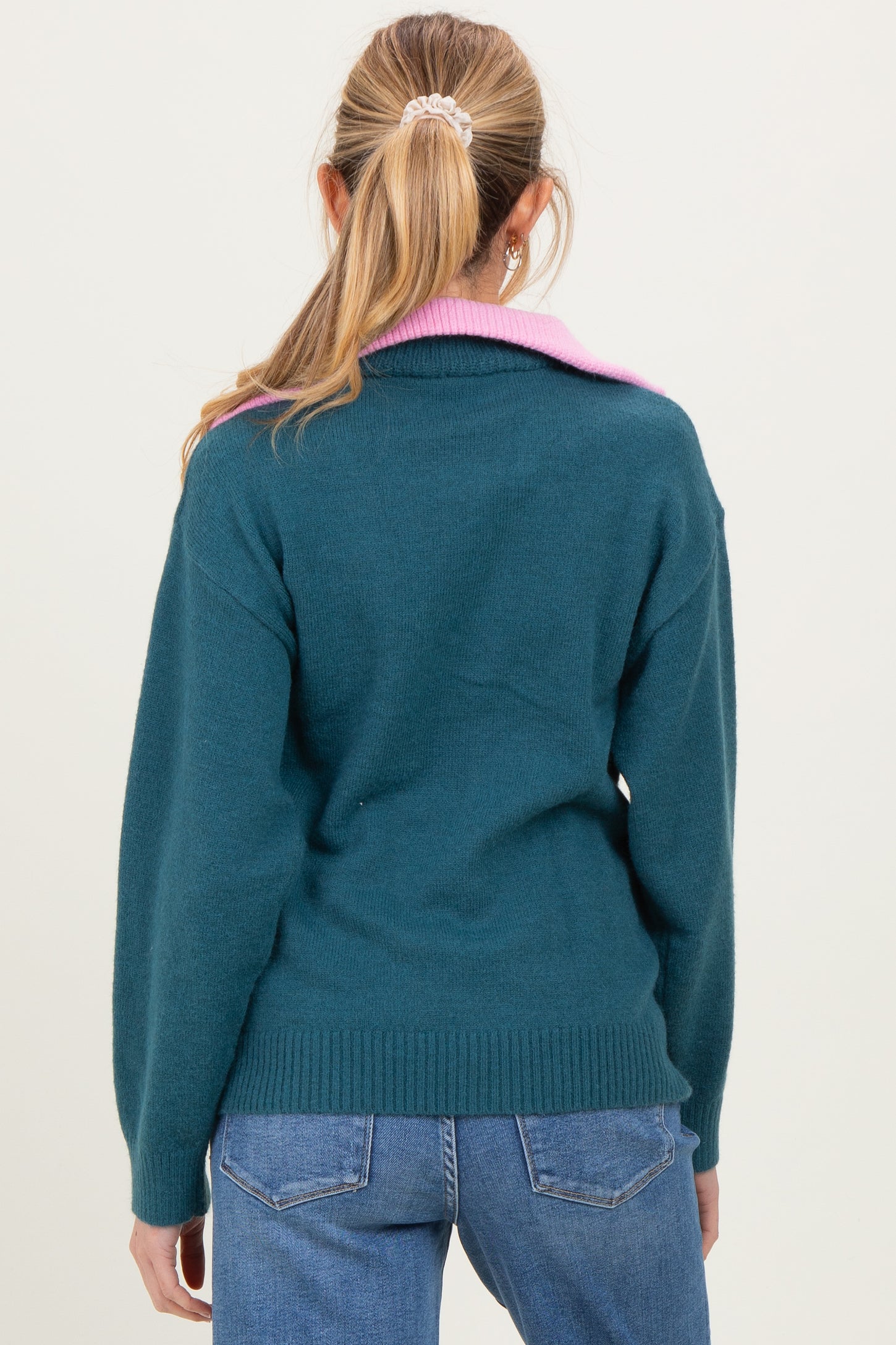 Dark Teal Contrast Collar Half Zip Maternity Sweater