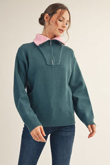 Dark Teal Contrast Collar Half Zip Maternity Sweater
