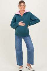 Dark Teal Contrast Collar Half Zip Maternity Sweater