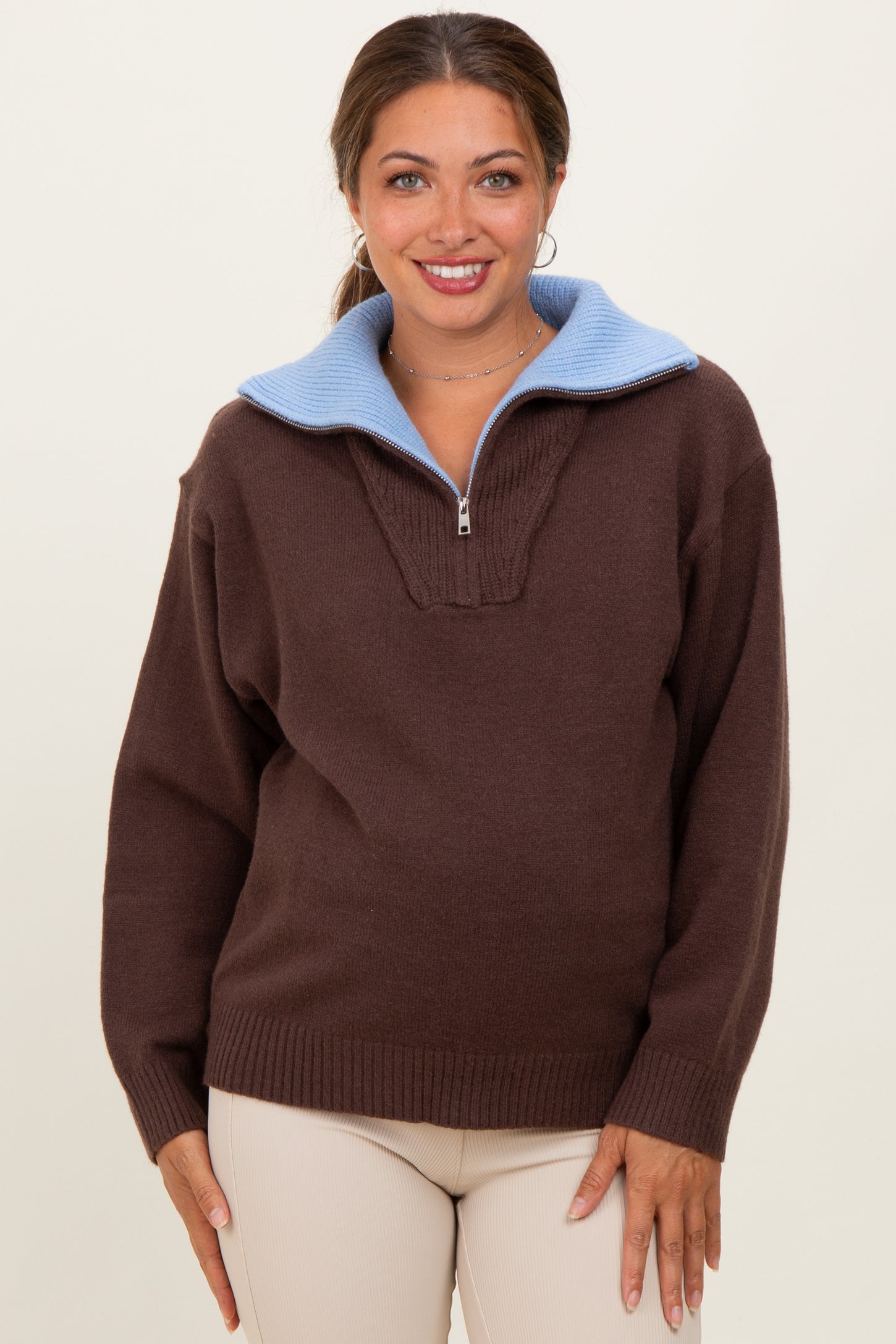 Brown Contrast Collar Half Zip Maternity Sweater