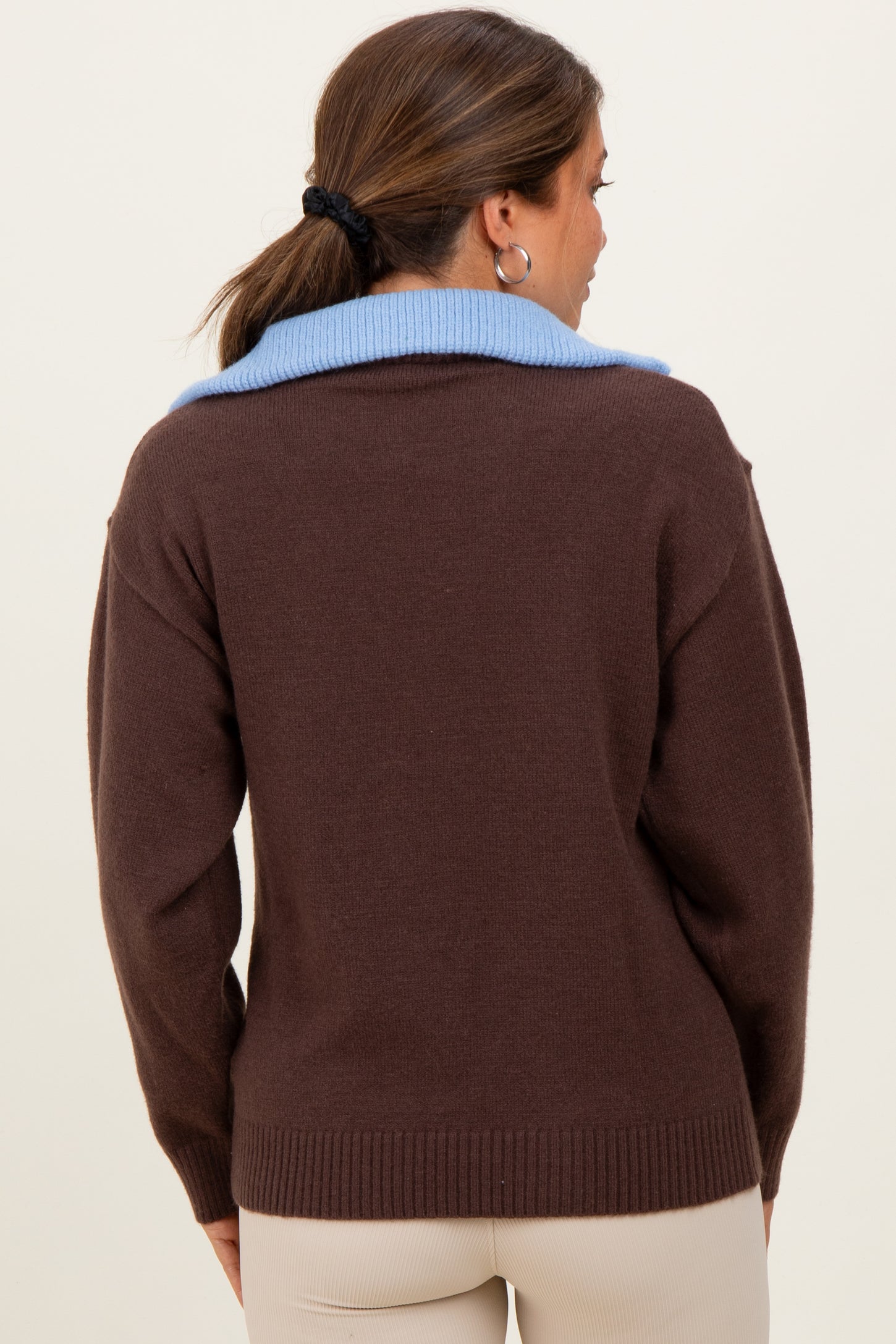 Brown Contrast Collar Half Zip Maternity Sweater
