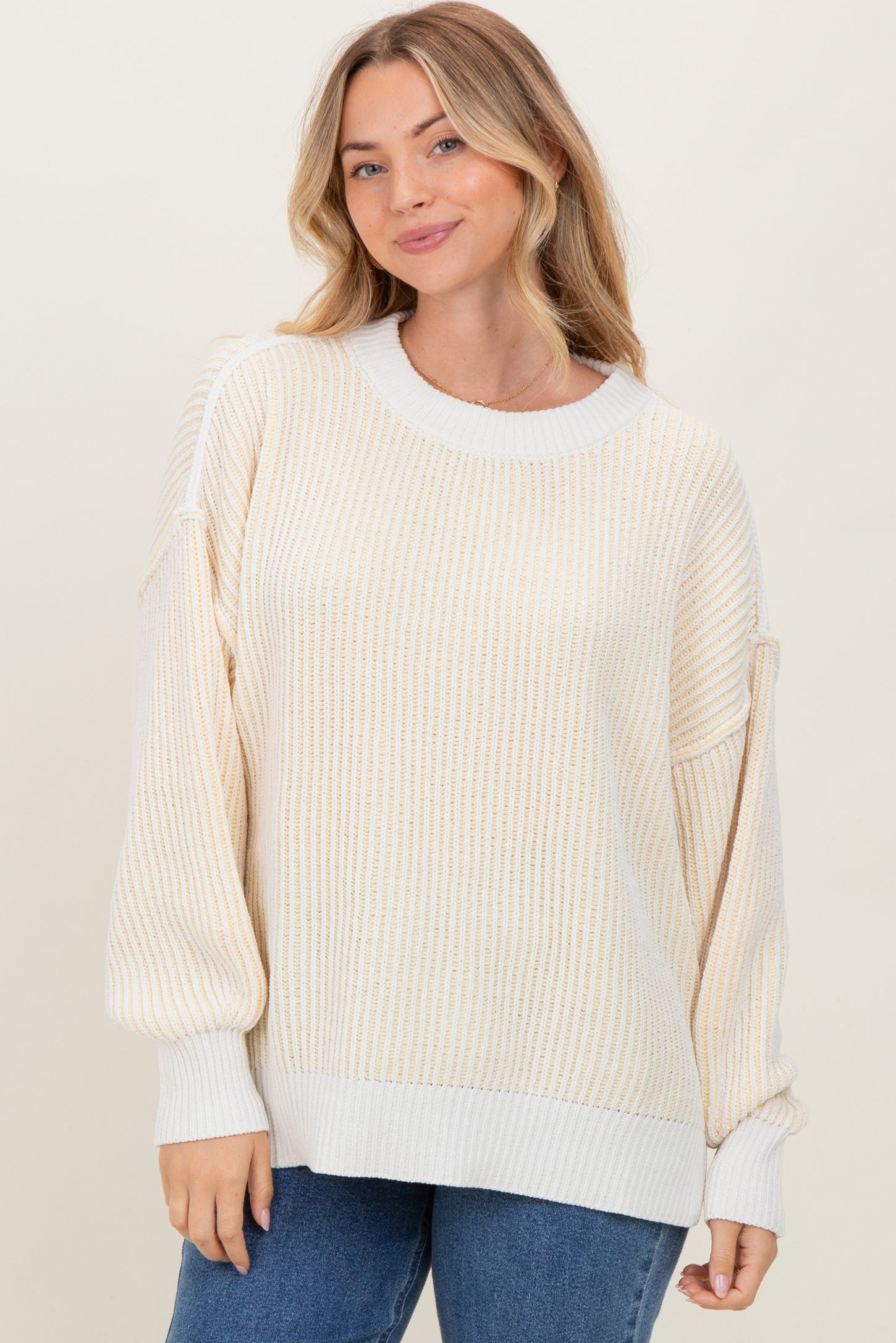 Yellow Ribbed Balloon Sleeve Sweater