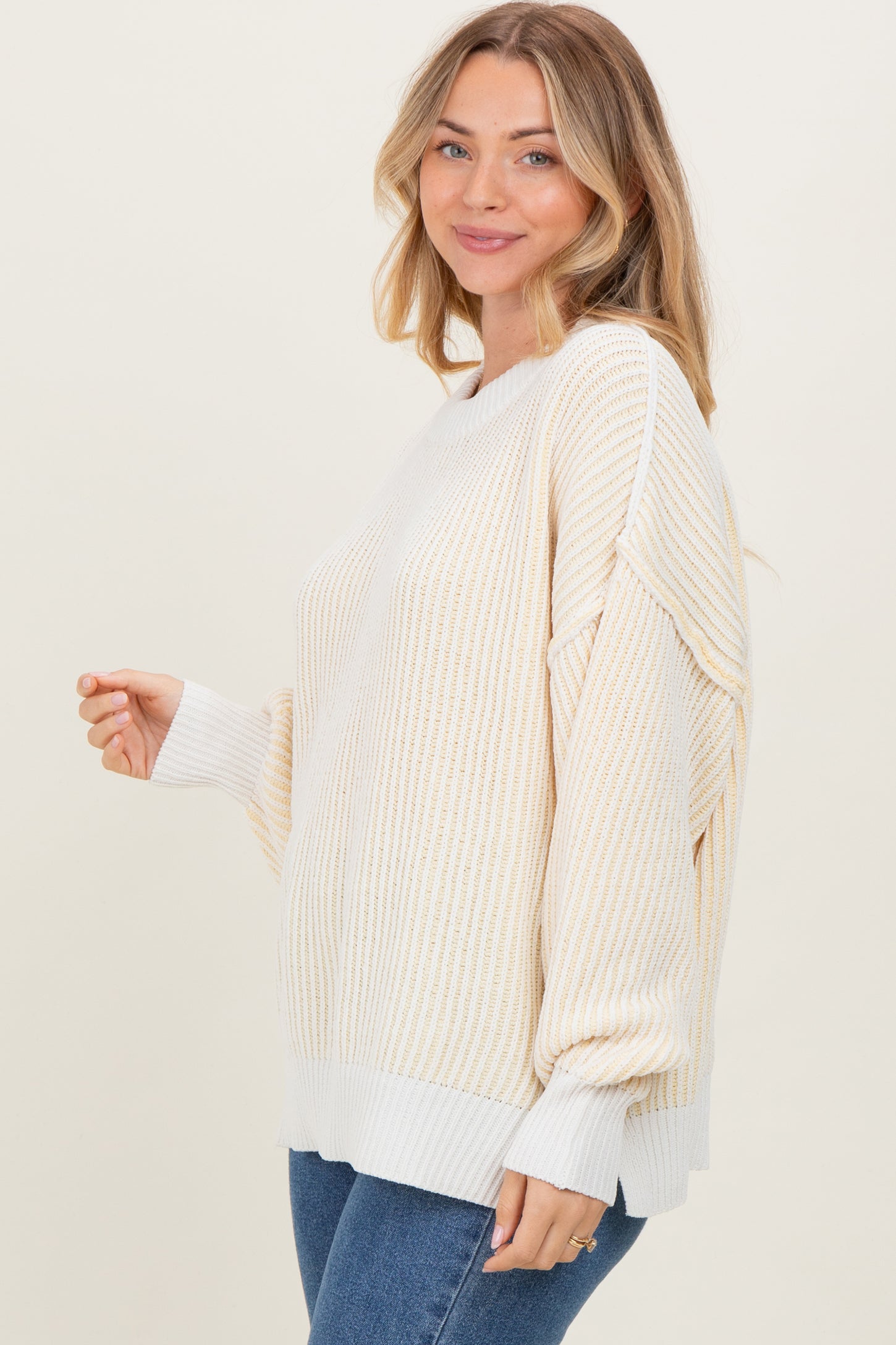 Yellow Ribbed Balloon Sleeve Sweater