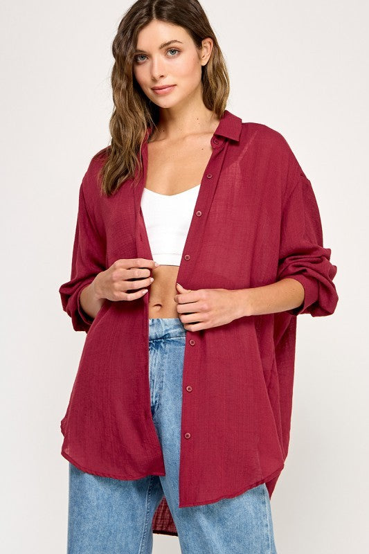 Burgundy Oversized Maternity Button Down Shirt