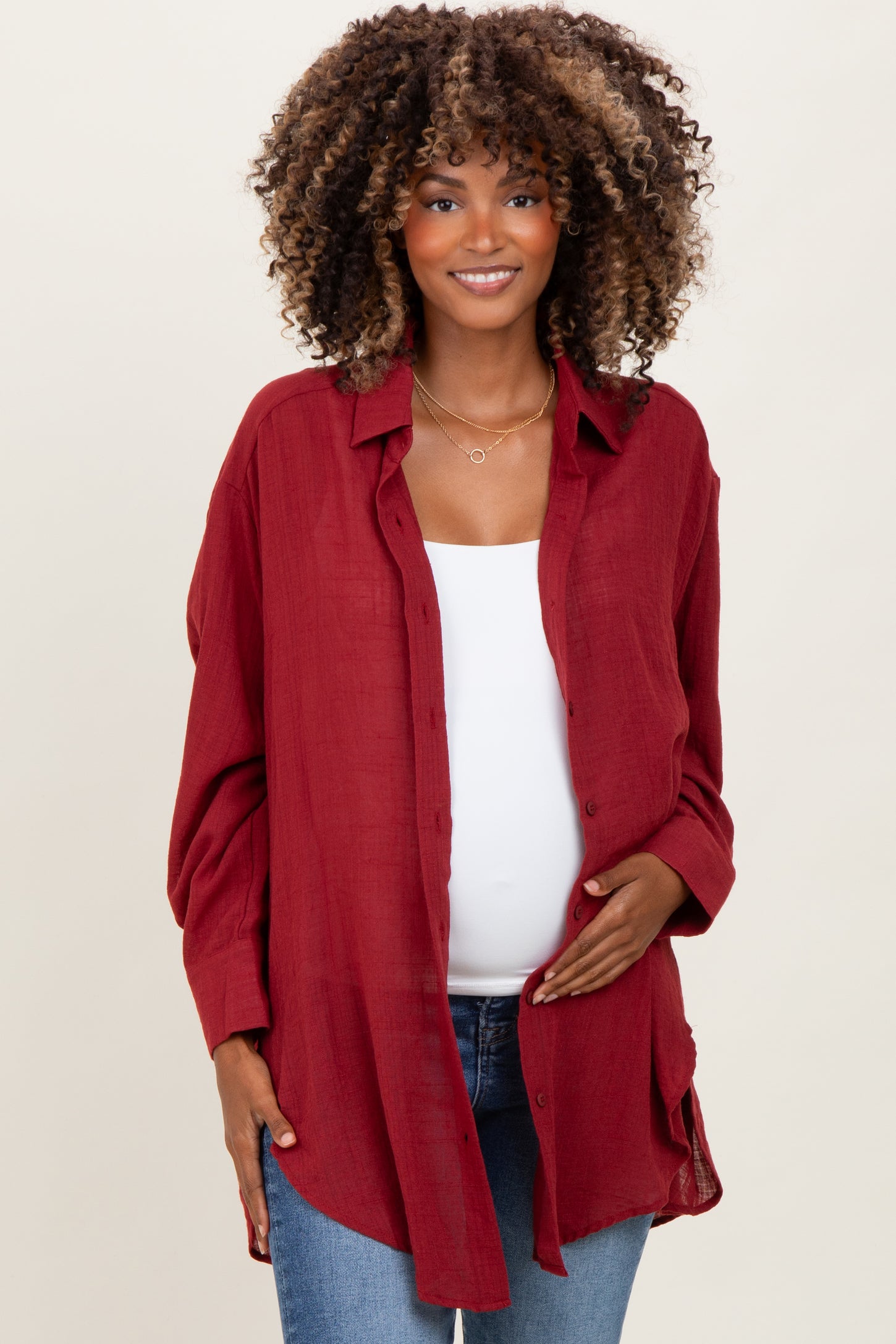 Burgundy Oversized Maternity Button Down Shirt