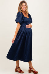 Navy Floral Jacquard Puff Sleeve Maternity Midi Dress