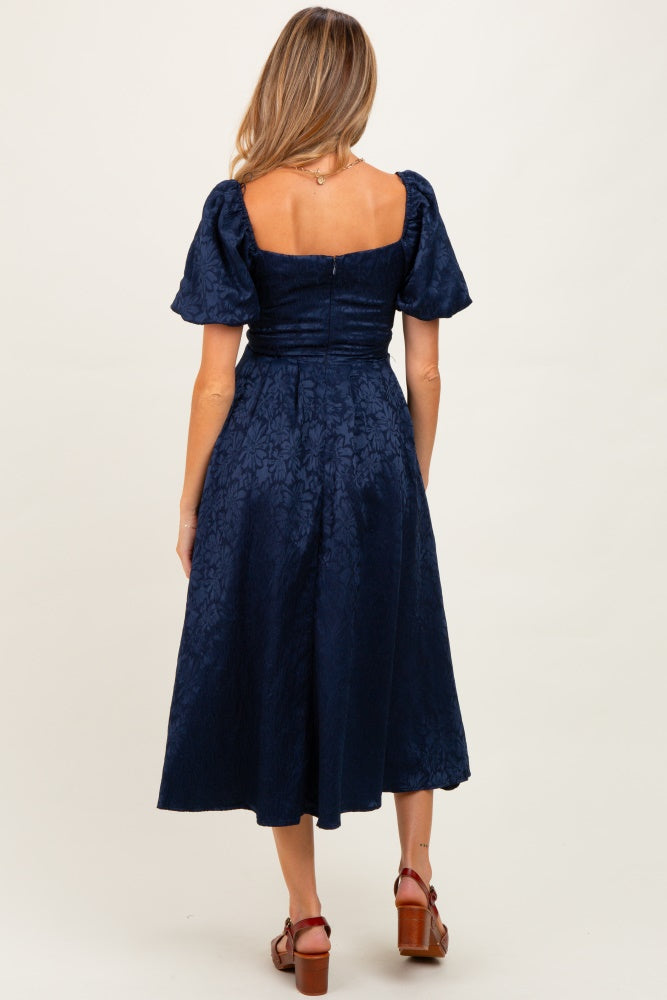 Navy Floral Jacquard Puff Sleeve Maternity Midi Dress