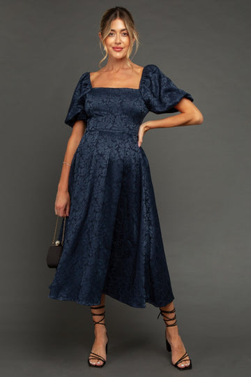 Navy Floral Jacquard Puff Sleeve Maternity Midi Dress
