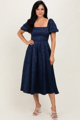 Navy Floral Jacquard Puff Sleeve Maternity Midi Dress