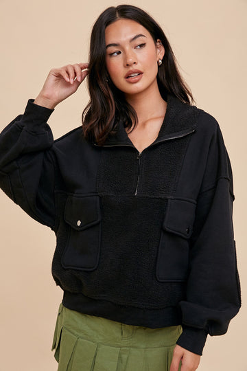 Black Contrast Reversed Fleece 1/4 Zip Pullover