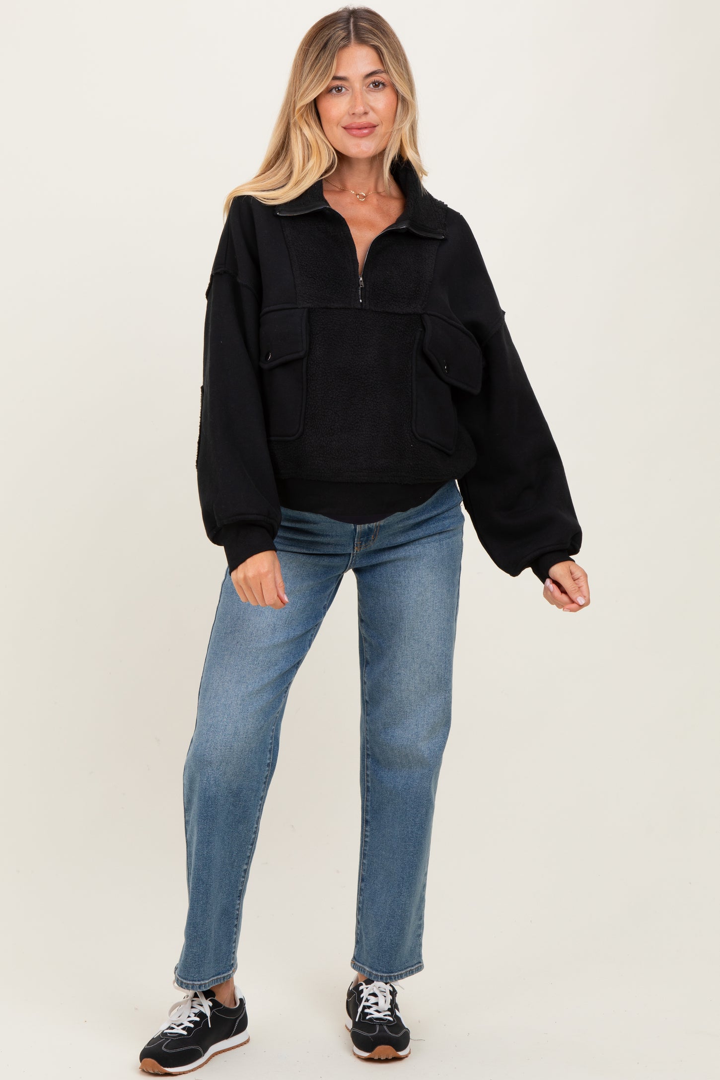 Black Contrast Reversed Fleece 1/4 Zip Maternity Pullover