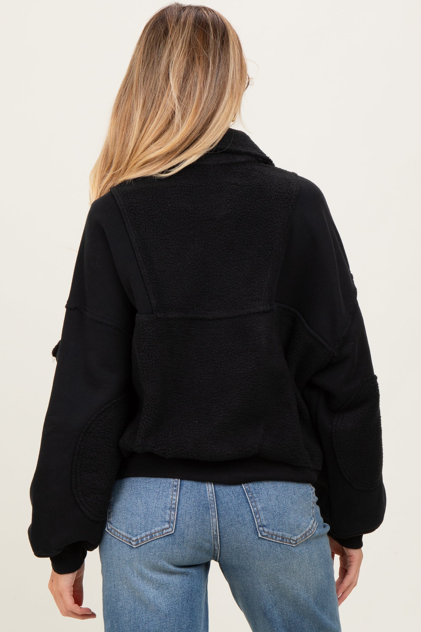 Black Contrast Reversed Fleece 1/4 Zip Maternity Pullover