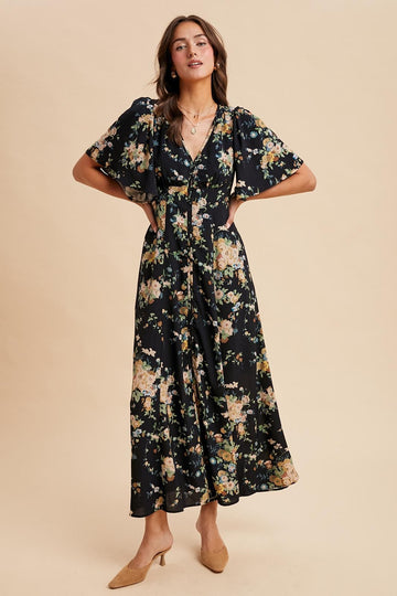 Navy Floral Flutter Button Down Maxi Dress