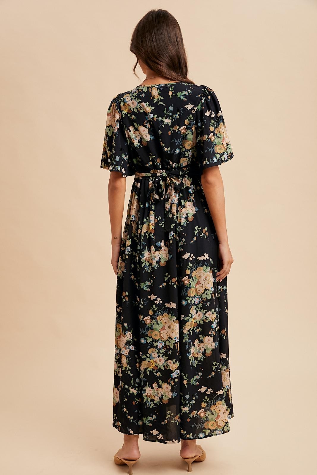 Navy Floral Flutter Button Down Maxi Dress