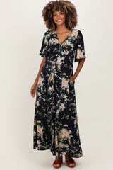 Navy Floral Flutter Button Down Maternity Maxi Dress