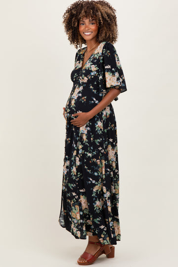 Navy Floral Flutter Button Down Maternity Maxi Dress