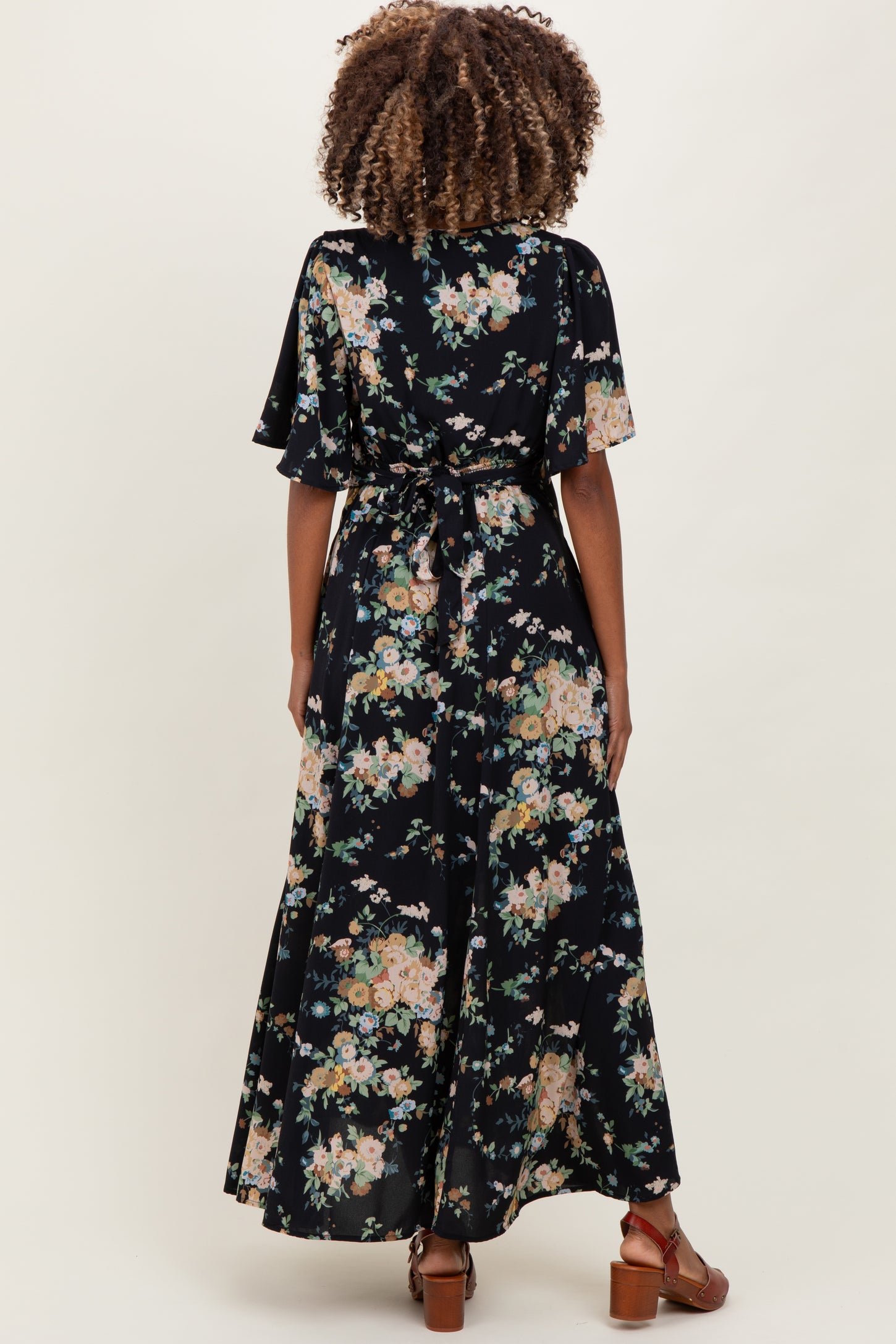 Navy Floral Flutter Button Down Maternity Maxi Dress