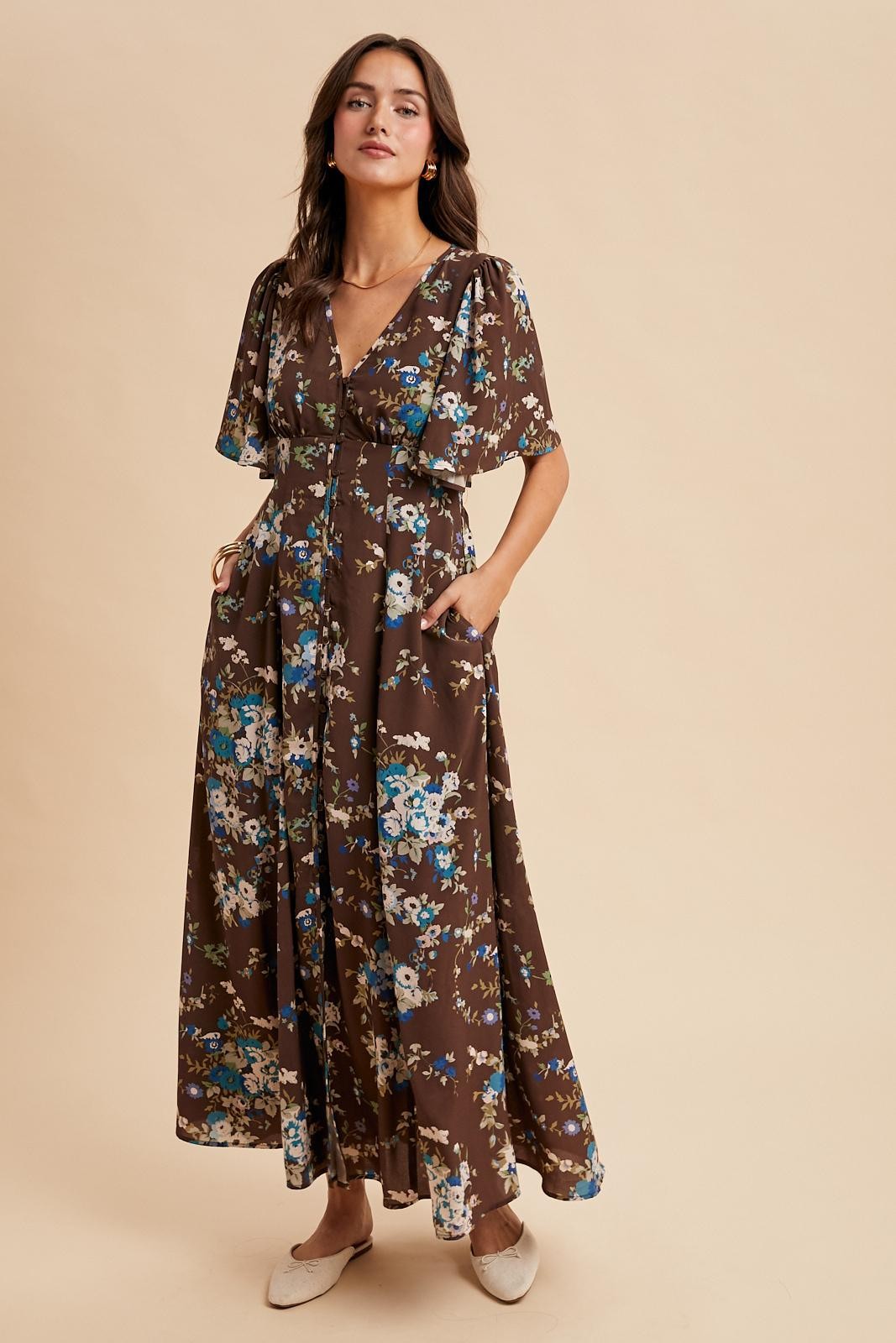 Brown Floral Flutter Button Down Maxi Dress