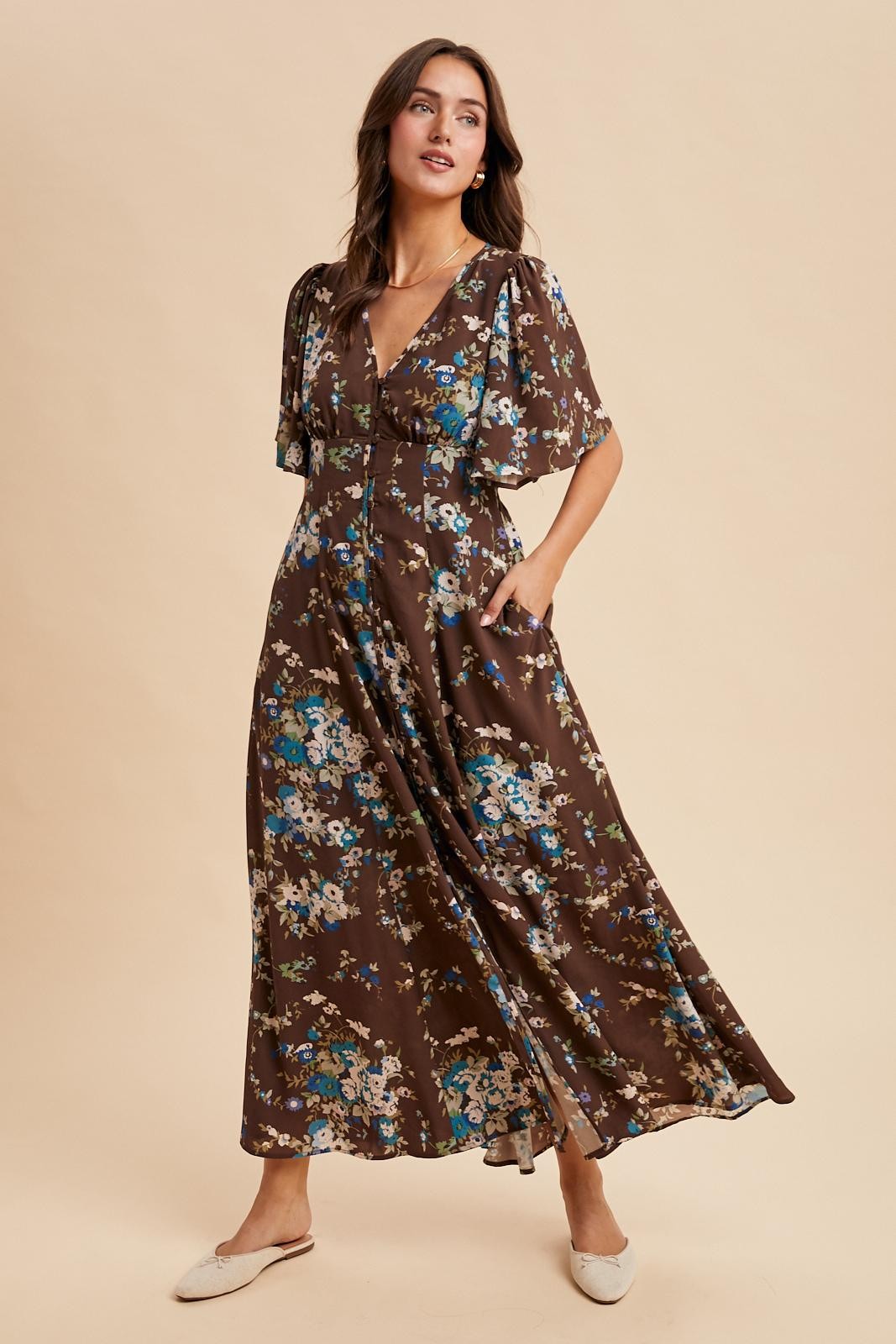 Brown Floral Flutter Button Down Maxi Dress