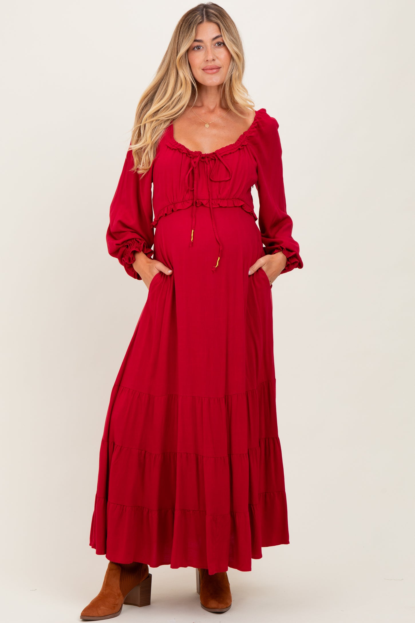 Red Ruffled Fit And Flare Maternity Maxi Dress